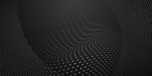 Fondo abstracto hecho de puntos de semitono y líneas curvas en colores negro y gris