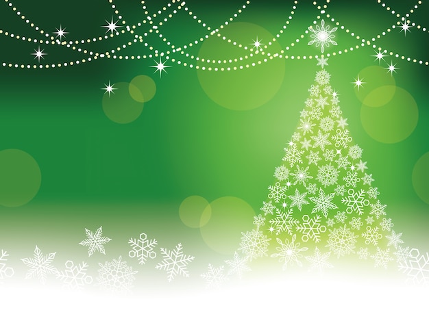 Vector fondo abstracto de invierno verde transparente con un árbol de navidad y copos de nieve.