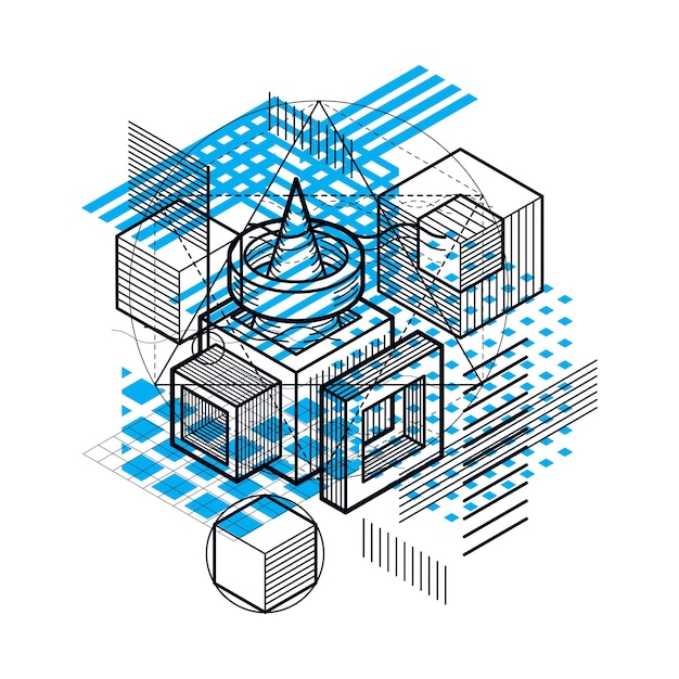 Fondo abstracto isométrico con líneas y otros elementos diferentes, plantilla abstracta vectorial. composición de cubos, hexágonos, cuadrados, rectángulos y diferentes elementos abstractos.