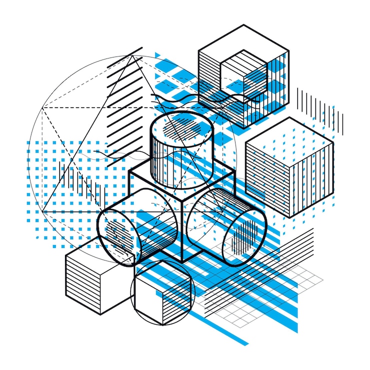Vector fondo abstracto con líneas isométricas, ilustración vectorial. plantilla hecha con cubos, hexágonos, cuadrados, rectángulos y diferentes elementos abstractos.