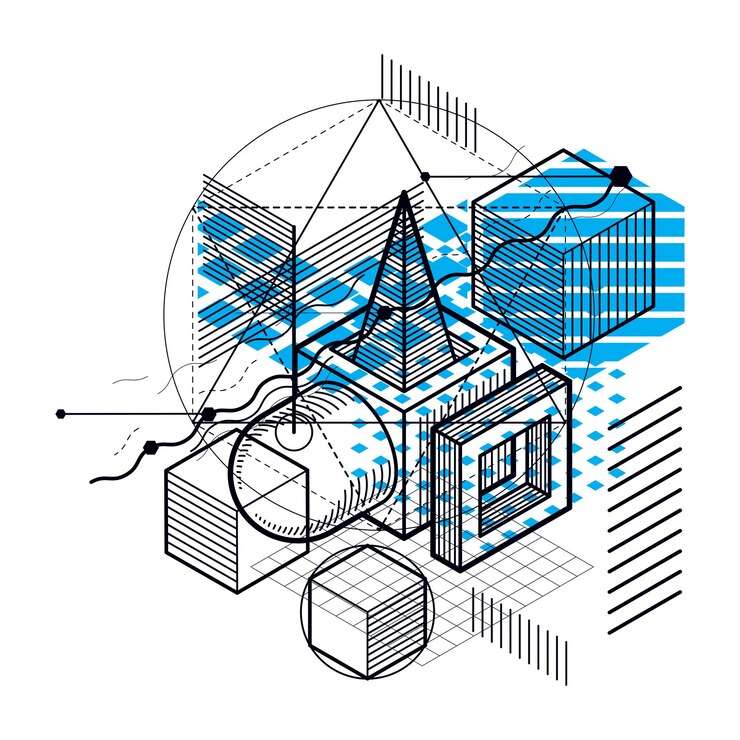 Vector fondo abstracto con líneas isométricas, ilustración vectorial. plantilla hecha con cubos, hexágonos, cuadrados, rectángulos y diferentes elementos abstractos.