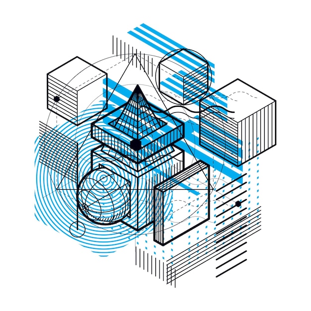 Fondo abstracto con líneas isométricas, ilustración vectorial. Plantilla hecha con cubos, hexágonos, cuadrados, rectángulos y diferentes elementos abstractos.