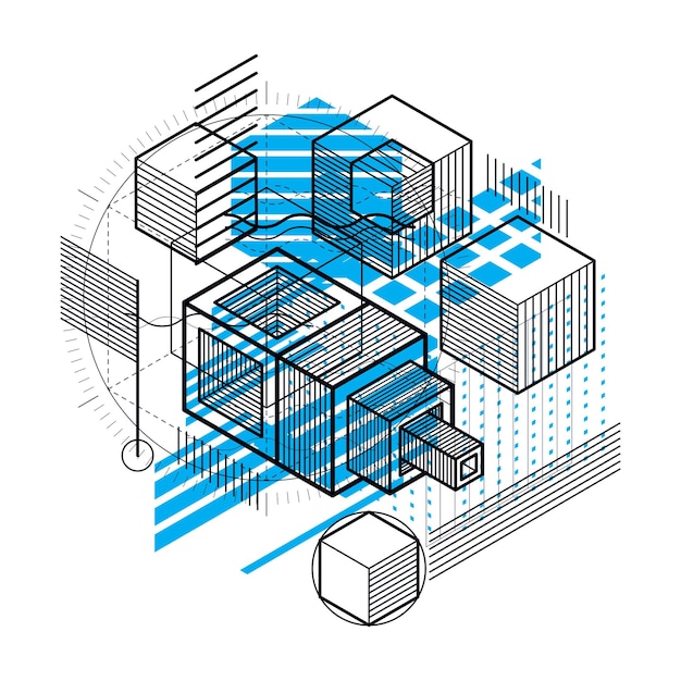 Fondo abstracto con líneas isométricas, ilustración vectorial. Plantilla hecha con cubos, hexágonos, cuadrados, rectángulos y diferentes elementos abstractos.