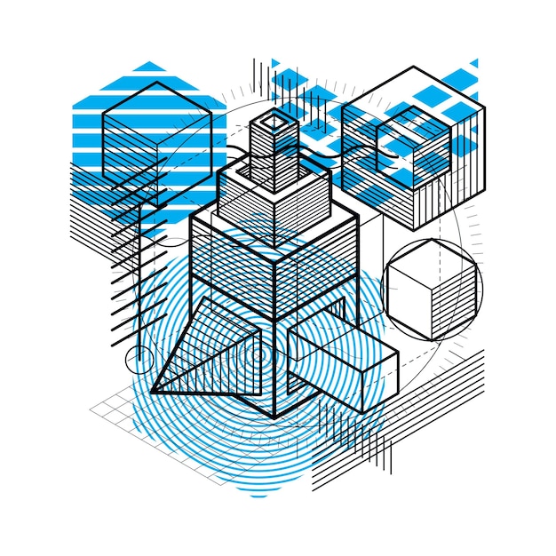 Fondo abstracto con líneas isométricas, ilustración vectorial. Plantilla hecha con cubos, hexágonos, cuadrados, rectángulos y diferentes elementos abstractos.