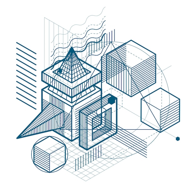 Fondo abstracto con líneas isométricas, ilustración vectorial. Plantilla hecha con cubos, hexágonos, cuadrados, rectángulos y diferentes elementos abstractos.
