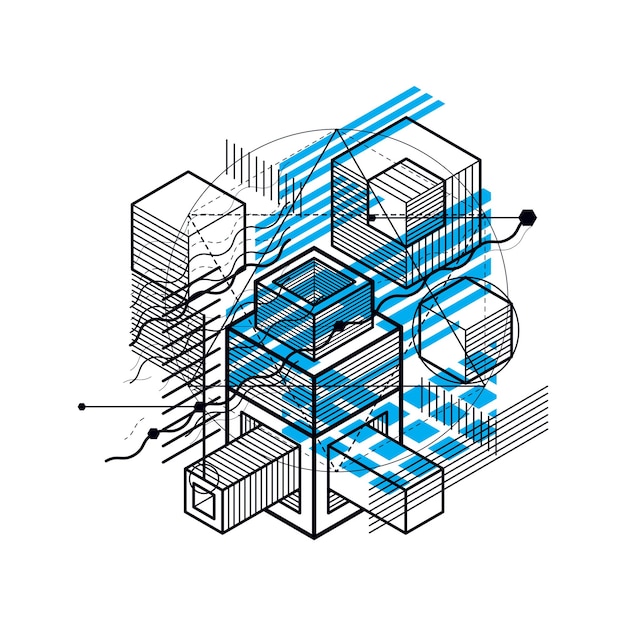 Fondo abstracto con líneas isométricas, ilustración vectorial. Plantilla hecha con cubos, hexágonos, cuadrados, rectángulos y diferentes elementos abstractos.