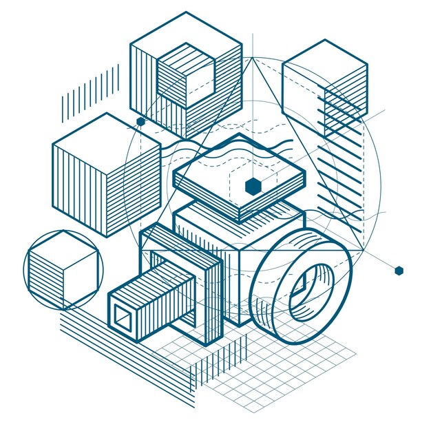 Vector fondo abstracto con líneas isométricas, ilustración vectorial. plantilla hecha con cubos, hexágonos, cuadrados, rectángulos y diferentes elementos abstractos.