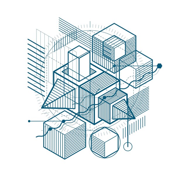 Fondo abstracto con líneas isométricas, ilustración vectorial. plantilla hecha con cubos, hexágonos, cuadrados, rectángulos y diferentes elementos abstractos.