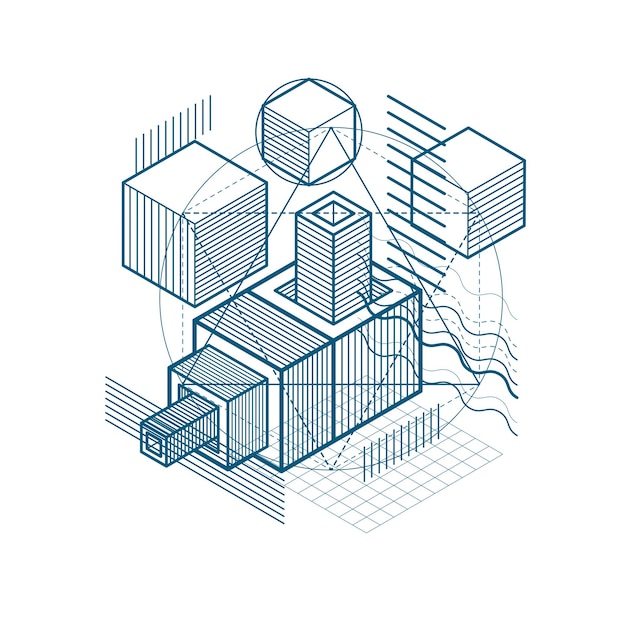 Fondo abstracto con líneas isométricas, ilustración vectorial. Plantilla hecha con cubos, hexágonos, cuadrados, rectángulos y diferentes elementos abstractos.