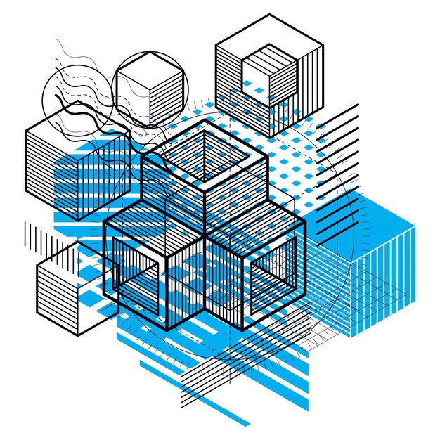 Fondo abstracto con líneas isométricas, ilustración vectorial. Plantilla hecha con cubos, hexágonos, cuadrados, rectángulos y diferentes elementos abstractos.