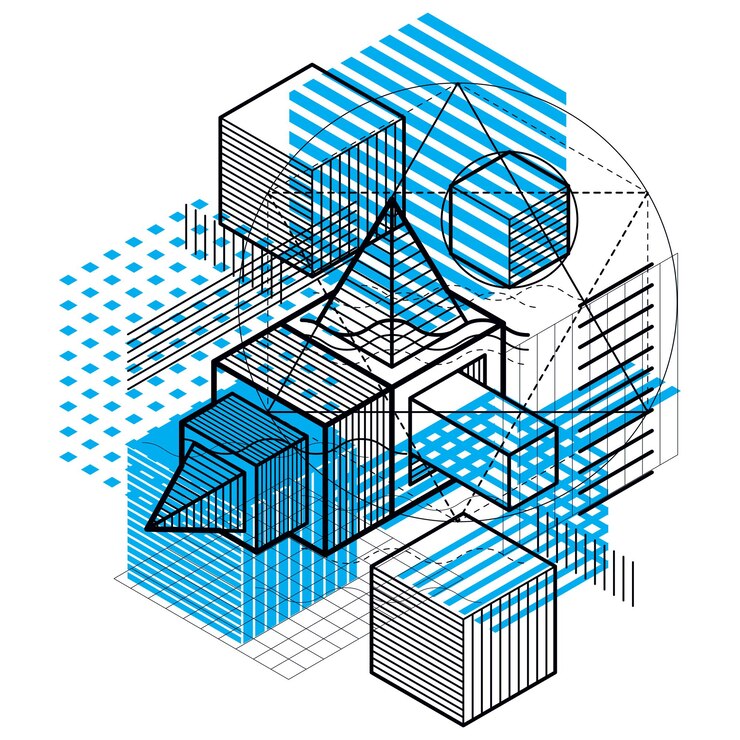 Vector fondo abstracto con líneas isométricas, ilustración vectorial. plantilla hecha con cubos, hexágonos, cuadrados, rectángulos y diferentes elementos abstractos.