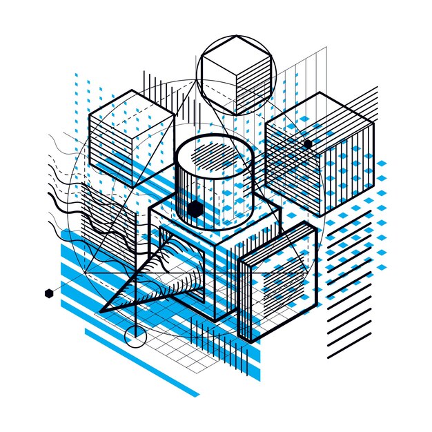 Fondo abstracto con líneas isométricas, ilustración vectorial. Plantilla realizada con cubos, hexágonos, cuadrados, rectángulos y diferentes elementos abstractos.