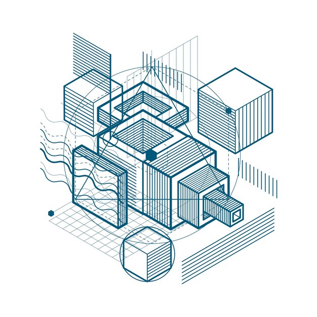 Fondo abstracto con líneas isométricas, ilustración vectorial. Plantilla realizada con cubos, hexágonos, cuadrados, rectángulos y diferentes elementos abstractos.