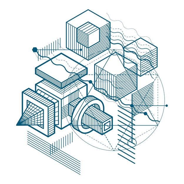 Fondo abstracto con líneas isométricas, ilustración vectorial. Plantilla realizada con cubos, hexágonos, cuadrados, rectángulos y diferentes elementos abstractos.