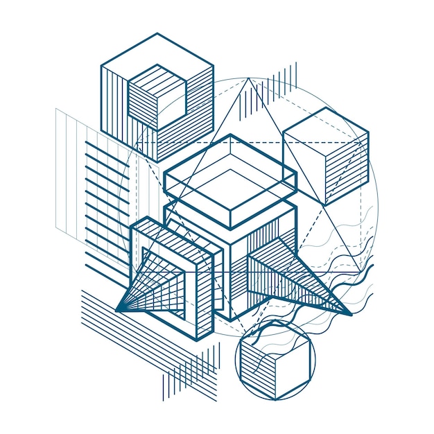 Fondo abstracto con líneas isométricas, ilustración vectorial. Plantilla realizada con cubos, hexágonos, cuadrados, rectángulos y diferentes elementos abstractos.