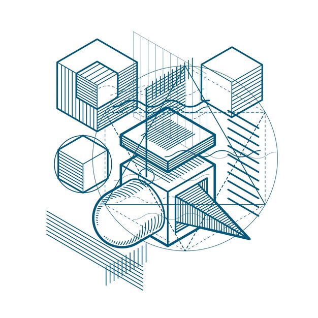 Fondo abstracto con líneas isométricas, ilustración vectorial. Plantilla realizada con cubos, hexágonos, cuadrados, rectángulos y diferentes elementos abstractos.