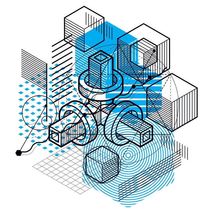 Vector fondo abstracto con líneas isométricas, ilustración vectorial. plantilla realizada con cubos, hexágonos, cuadrados, rectángulos y diferentes elementos abstractos.