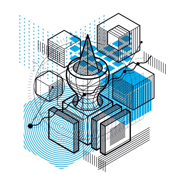 Fondo abstracto con líneas isométricas, ilustración vectorial. Plantilla realizada con cubos, hexágonos, cuadrados, rectángulos y diferentes elementos abstractos.