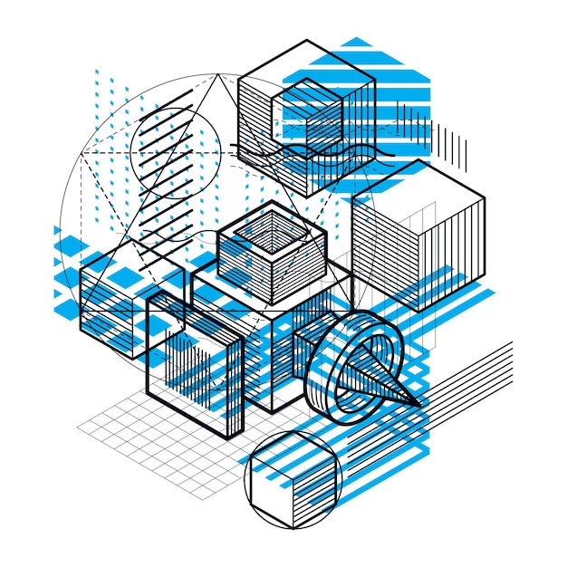 Fondo abstracto con líneas isométricas, ilustración vectorial. Plantilla realizada con cubos, hexágonos, cuadrados, rectángulos y diferentes elementos abstractos.