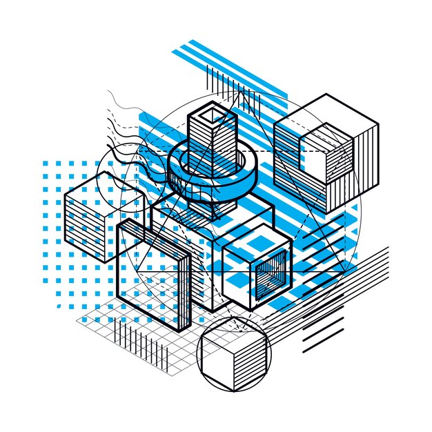 Fondo abstracto con líneas isométricas, ilustración vectorial. Plantilla realizada con cubos, hexágonos, cuadrados, rectángulos y diferentes elementos abstractos.