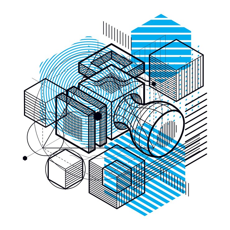 Vector fondo abstracto con líneas isométricas, ilustración vectorial. plantilla realizada con cubos, hexágonos, cuadrados, rectángulos y diferentes elementos abstractos.