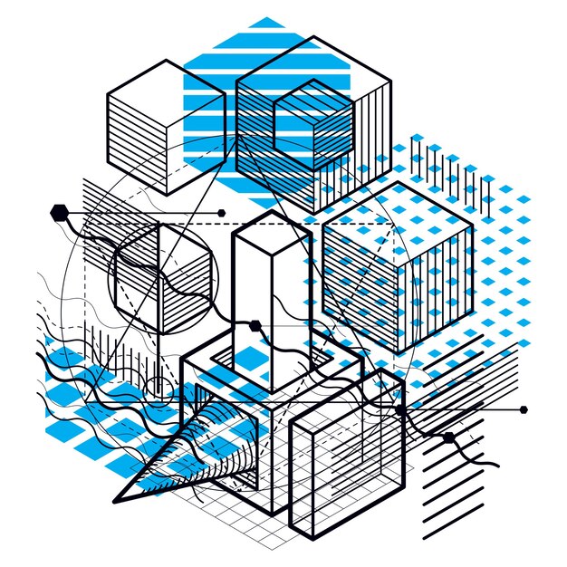 Fondo abstracto con líneas isométricas, ilustración vectorial. Plantilla realizada con cubos, hexágonos, cuadrados, rectángulos y diferentes elementos abstractos.