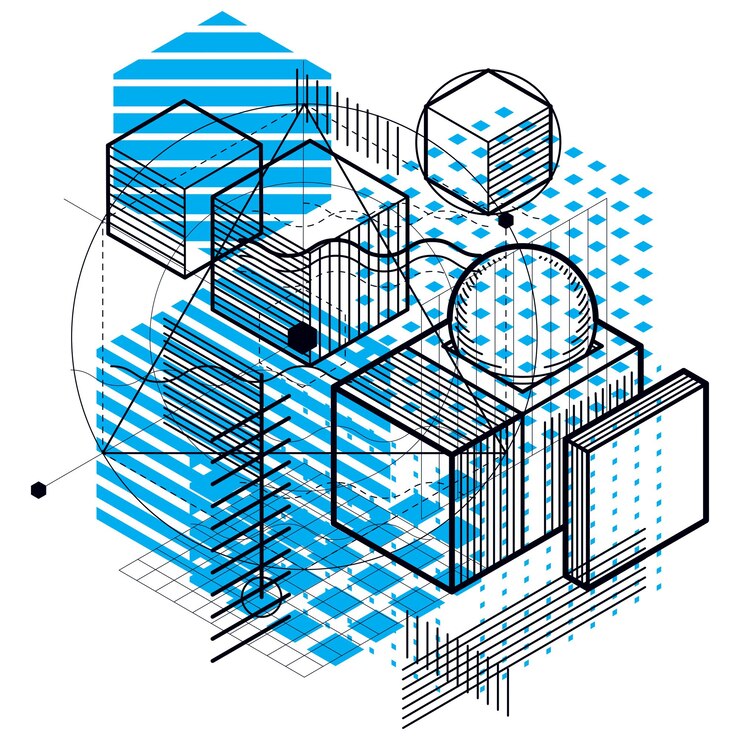 Vector fondo abstracto con líneas isométricas, ilustración vectorial. plantilla realizada con cubos, hexágonos, cuadrados, rectángulos y diferentes elementos abstractos.