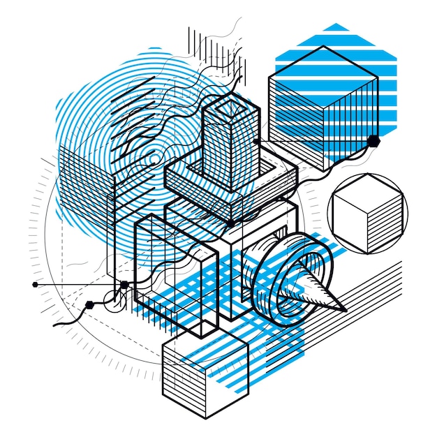 Fondo abstracto con líneas isométricas, ilustración vectorial. Plantilla realizada con cubos, hexágonos, cuadrados, rectángulos y diferentes elementos abstractos.