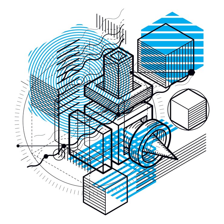 Vector fondo abstracto con líneas isométricas, ilustración vectorial. plantilla realizada con cubos, hexágonos, cuadrados, rectángulos y diferentes elementos abstractos.