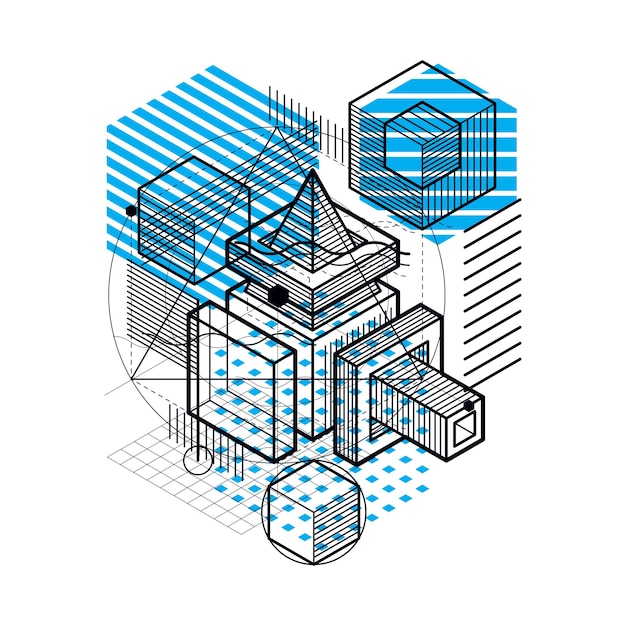 Fondo abstracto con líneas isométricas, ilustración vectorial. Plantilla realizada con cubos, hexágonos, cuadrados, rectángulos y diferentes elementos abstractos.