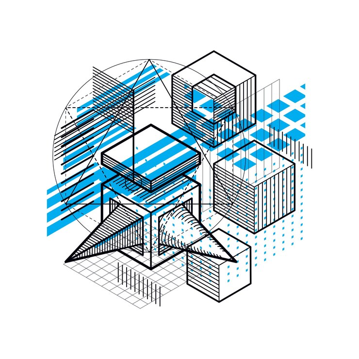 Vector fondo abstracto con líneas isométricas, ilustración vectorial. plantilla realizada con cubos, hexágonos, cuadrados, rectángulos y diferentes elementos abstractos.