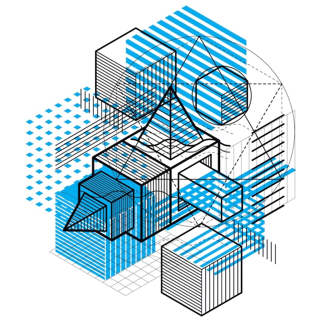 Fondo abstracto con líneas isométricas, ilustración vectorial. Plantilla realizada con cubos, hexágonos, cuadrados, rectángulos y diferentes elementos abstractos.
