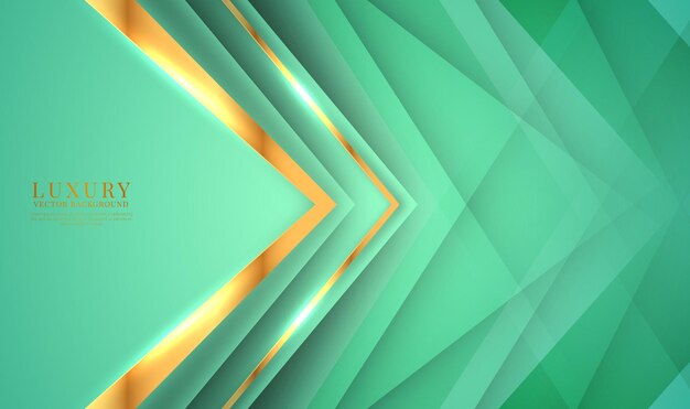 Fondo abstracto de lujo verde 3D capas superpuestas en brillante con decoración de flecha dorada