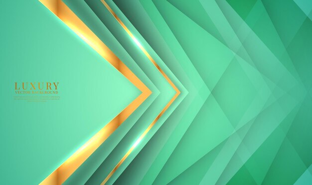 Fondo abstracto de lujo verde 3d capas superpuestas en brillante con decoración de flecha dorada