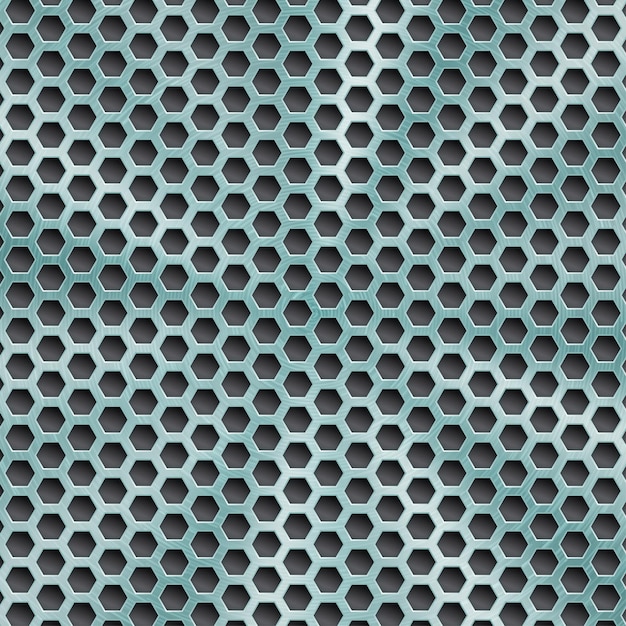 Fondo abstracto de metal brillante en color azul claro con textura circular cepillada y agujeros hexagonales