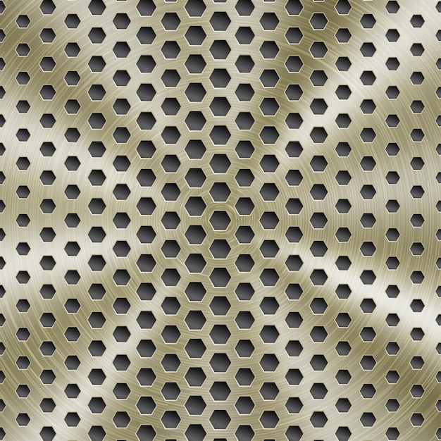 Vector fondo abstracto de metal brillante en color dorado con textura circular cepillada y agujeros hexagonales