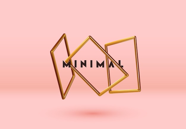 Fondo abstracto mínimo con levitación de marco cuadrado de elementos dorados en el espacio. Afiche con formas volumétricas geométricas 3d realistas. ilustración vectorial