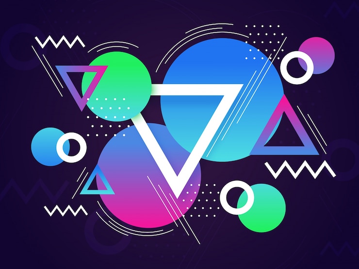 Vector fondo abstracto moderno con los elementos geométricos coloridos como círculos, triángulos y líneas.