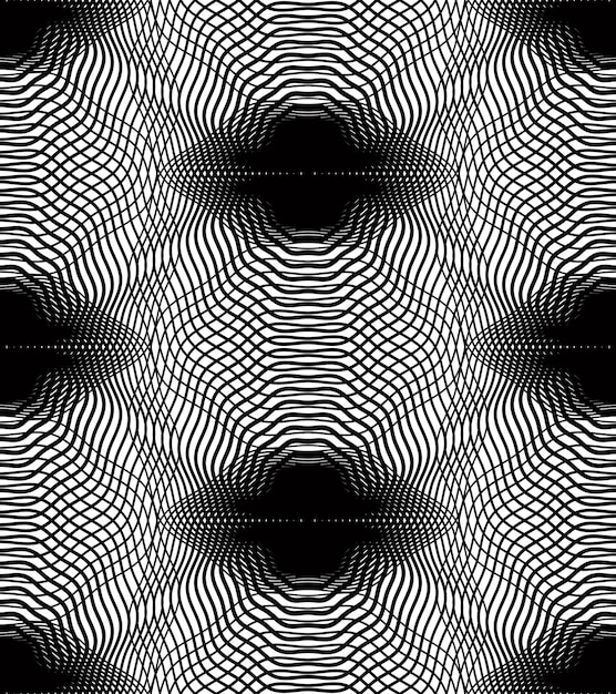 Fondo abstracto monocromático vectorial adornado con líneas negras superpuestas. Patrón gráfico decorativo simétrico, ilustración de rayas geométricas.
