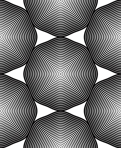 Fondo abstracto monocromo de vector adornado con líneas negras. Patrón gráfico decorativo simétrico, ilustración geométrica.