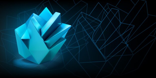 Fondo abstracto con un objeto 3d lowpoly azul claro en forma de poliedro y contornos de formas geométricas sobre un fondo oscuro