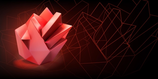 Fondo abstracto con un objeto 3d lowpoly rojo en forma de poliedro y contornos de formas geométricas sobre un fondo oscuro