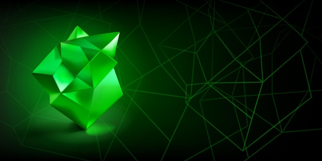 Vector fondo abstracto con un objeto 3d lowpoly verde en forma de poliedro y contornos de formas geométricas sobre un fondo oscuro