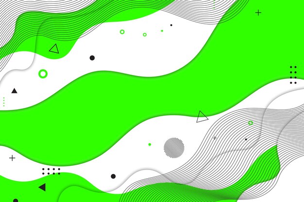 Fondo abstracto con ondas verdes y blancas formas geométricas negras y verdes líneas