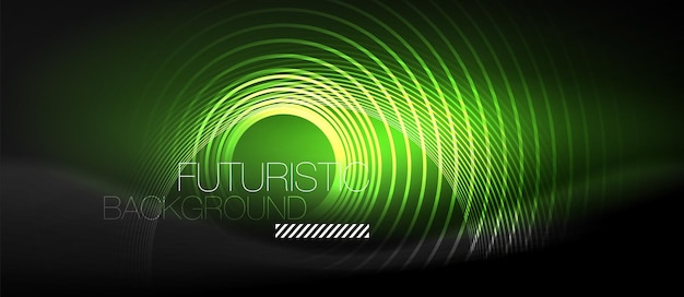Fondo abstracto oscuro con círculos de neón brillantes