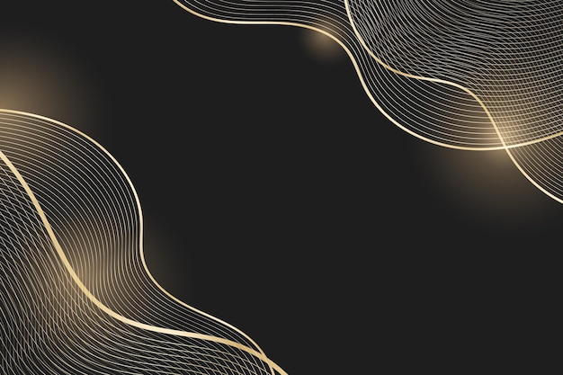 Fondo abstracto oscuro decorativo con ondas doradas brillantes en la ilustración vectorial