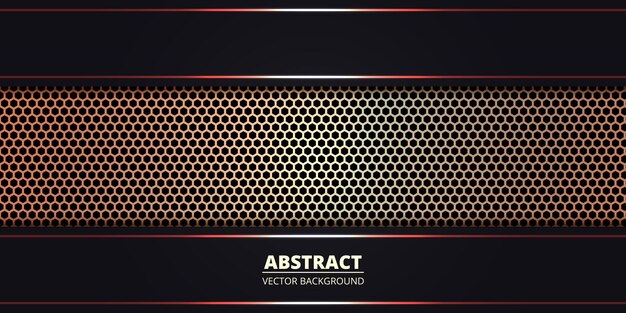 Fondo abstracto oscuro con fibra de carbono hexagonal metálico dorado. Fondo de tecnología abstracta con líneas luminosas rojas en rejilla de carbono.