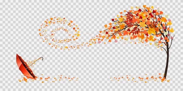 Fondo abstracto de otoño con árbol y hojas coloridas cayendo y paraguas Vector