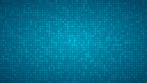 Fondo abstracto de pequeños cuadrados o píxeles de diferentes tamaños en colores azul claro.