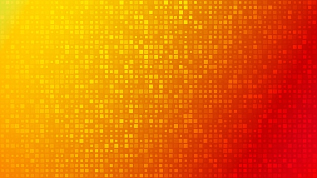 Fondo abstracto de pequeños cuadrados o píxeles de diferentes tamaños en colores rojo y naranja.
